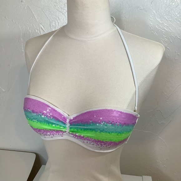 Victoria’s Secret Aqua Waves sequins bandeau strapless bikini top SZ 34B EUC - Picture 10 of 12